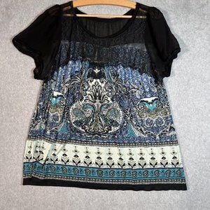Bila Top Womens XXl Black Blue Short Sleeve Shirt Lace Velvet Trim Boho